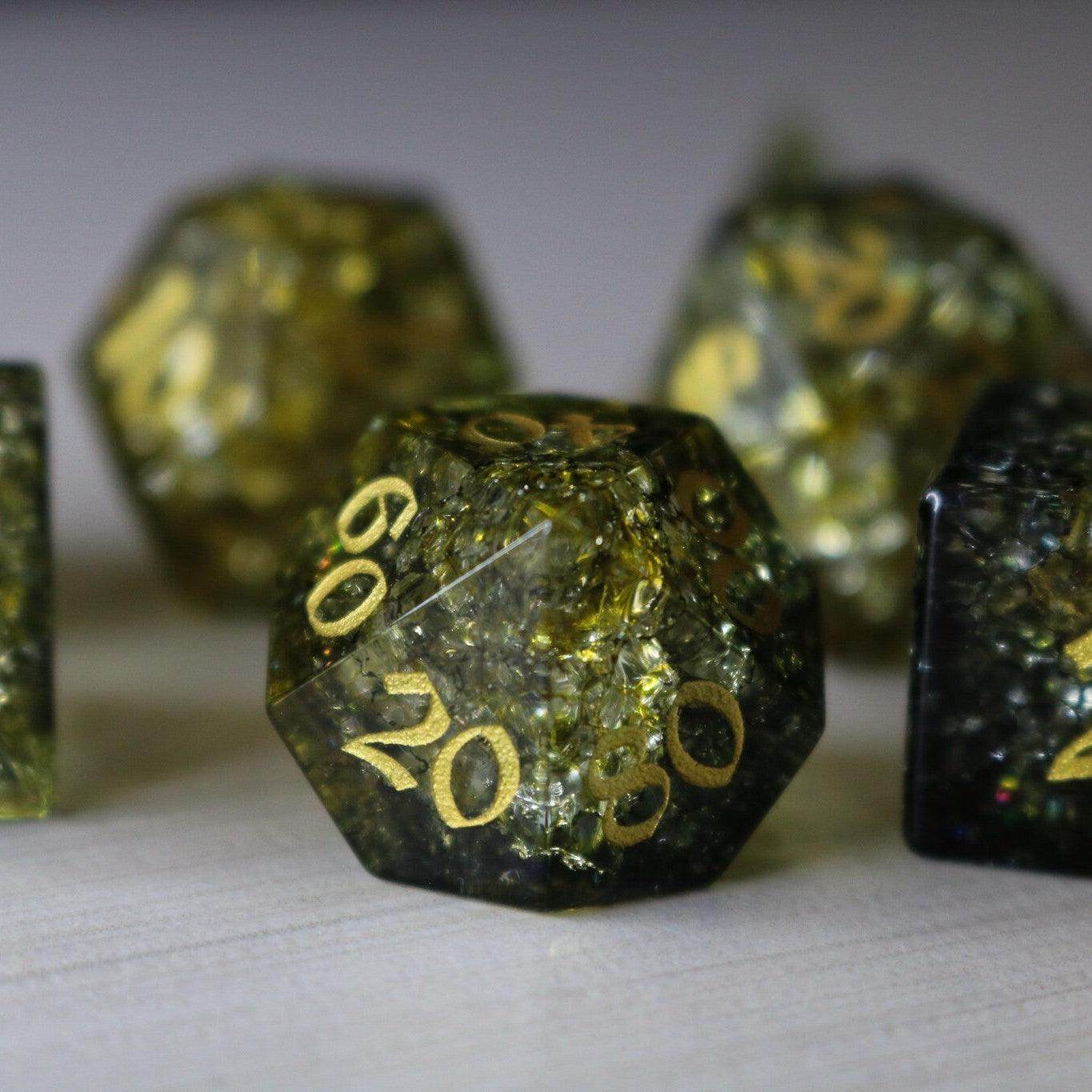 Dark Sun (Green And Yellow) Forge Fire Glass DND Dice Set - Full Set and Free Dice Box