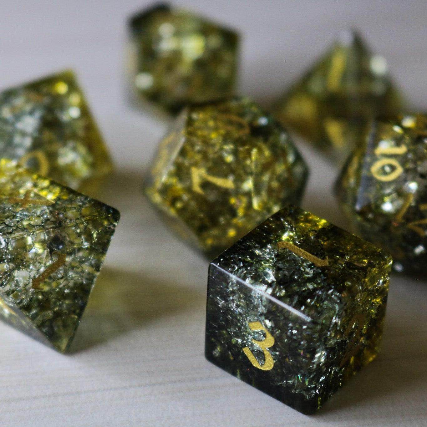 Dark Sun (Green And Yellow) Forge Fire Glass DND Dice Set - Full Set and Free Dice Box