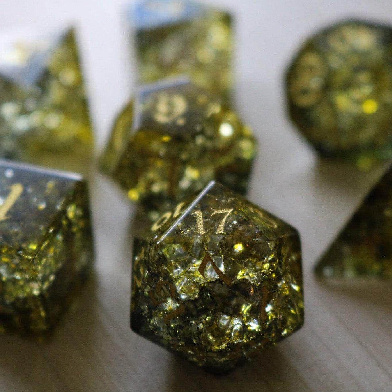 Dark Sun (Green And Yellow) Forge Fire Glass DND Dice Set - Full Set and Free Dice Box