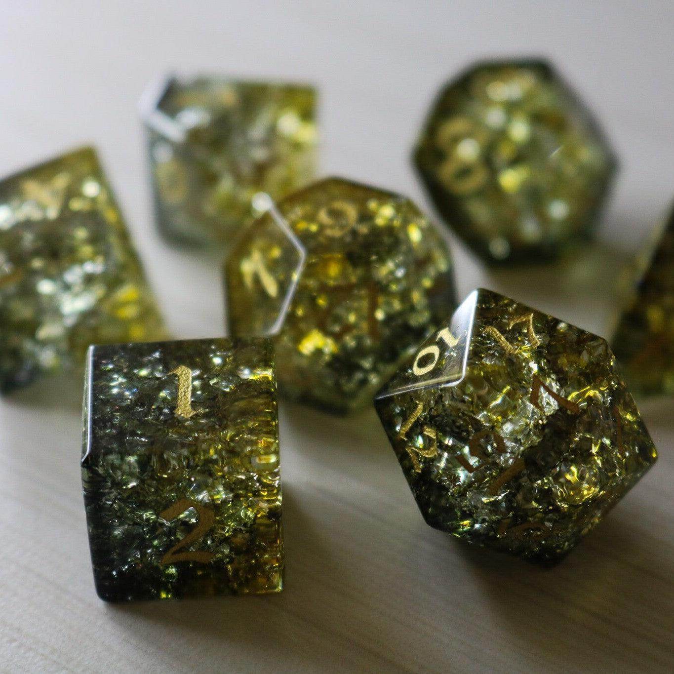 Dark Sun (Green And Yellow) Forge Fire Glass DND Dice Set - Full Set and Free Dice Box