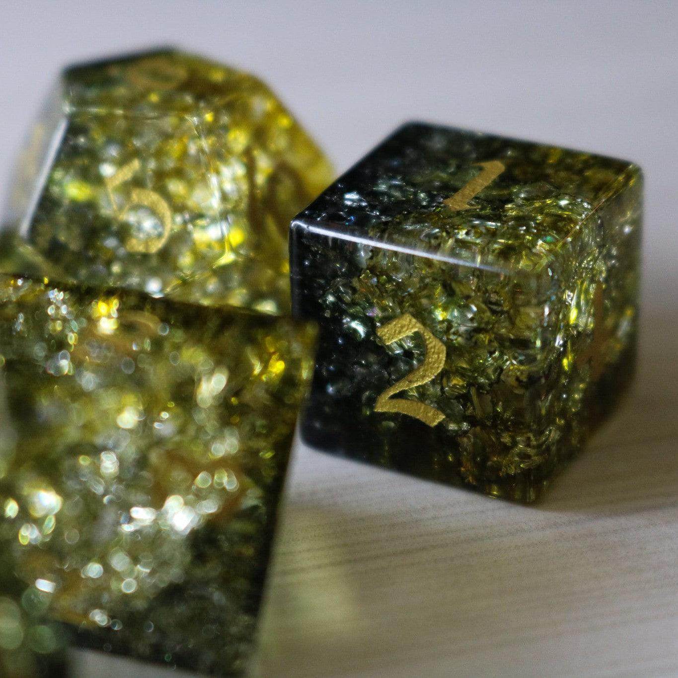 Dark Sun (Green And Yellow) Forge Fire Glass DND Dice Set - Full Set and Free Dice Box