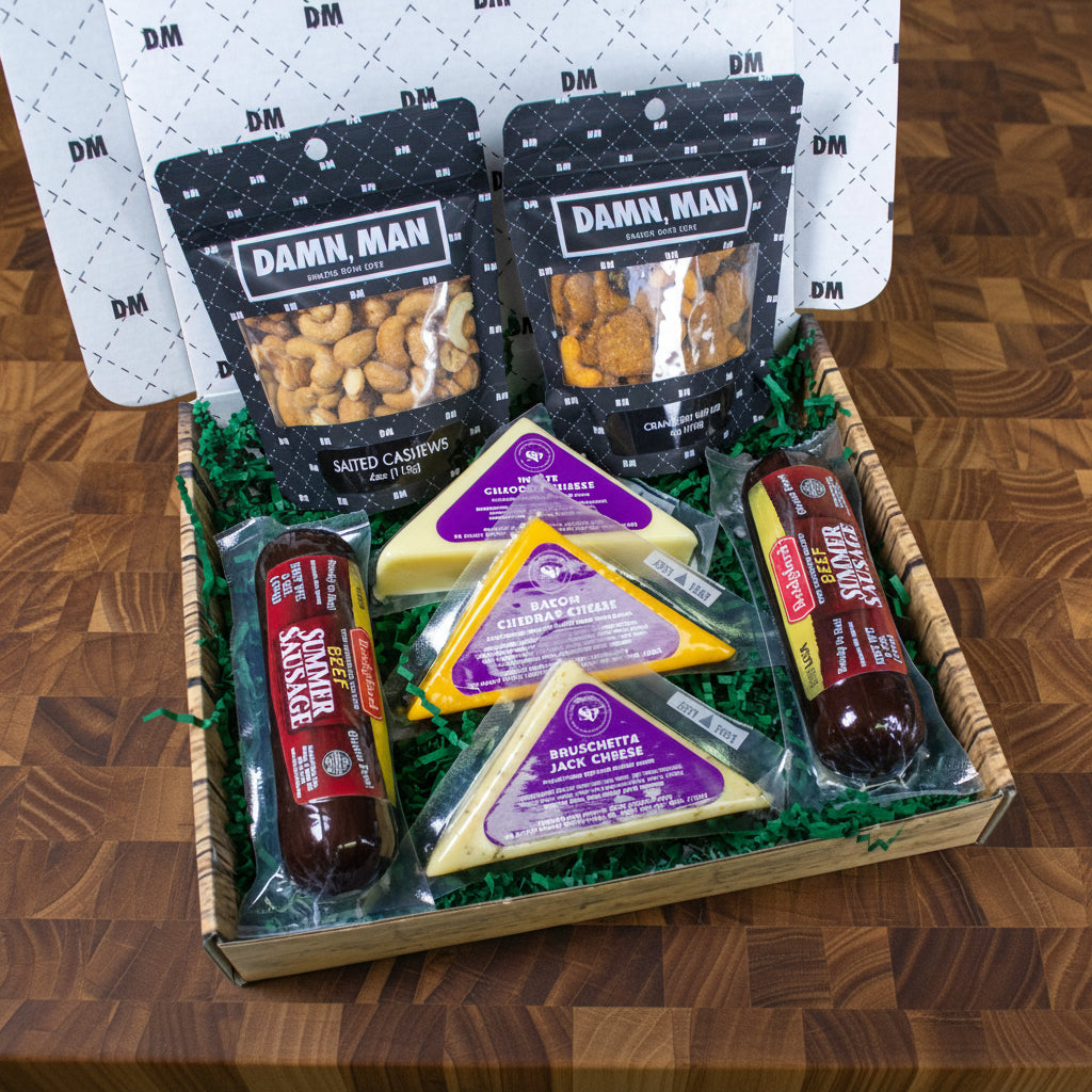 Delicatessen Gift Box – Gourmet Cheese, Beef Sausage & Nuts | Perfect Snack Box for Men – Tailgate, Game Night, Birthday Gifts