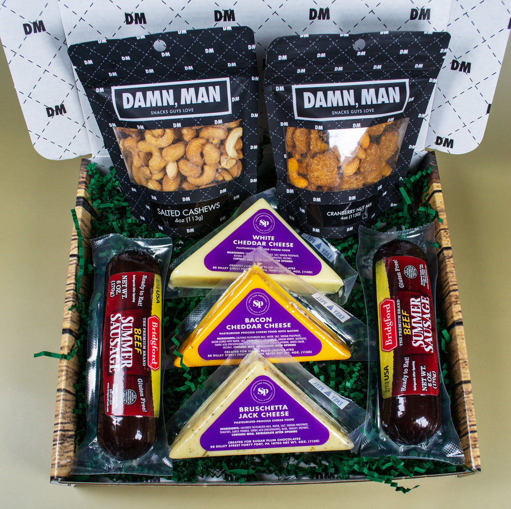 Delicatessen Gift Box – Gourmet Cheese, Beef Sausage & Nuts | Perfect Snack Box for Men – Tailgate, Game Night, Birthday Gifts