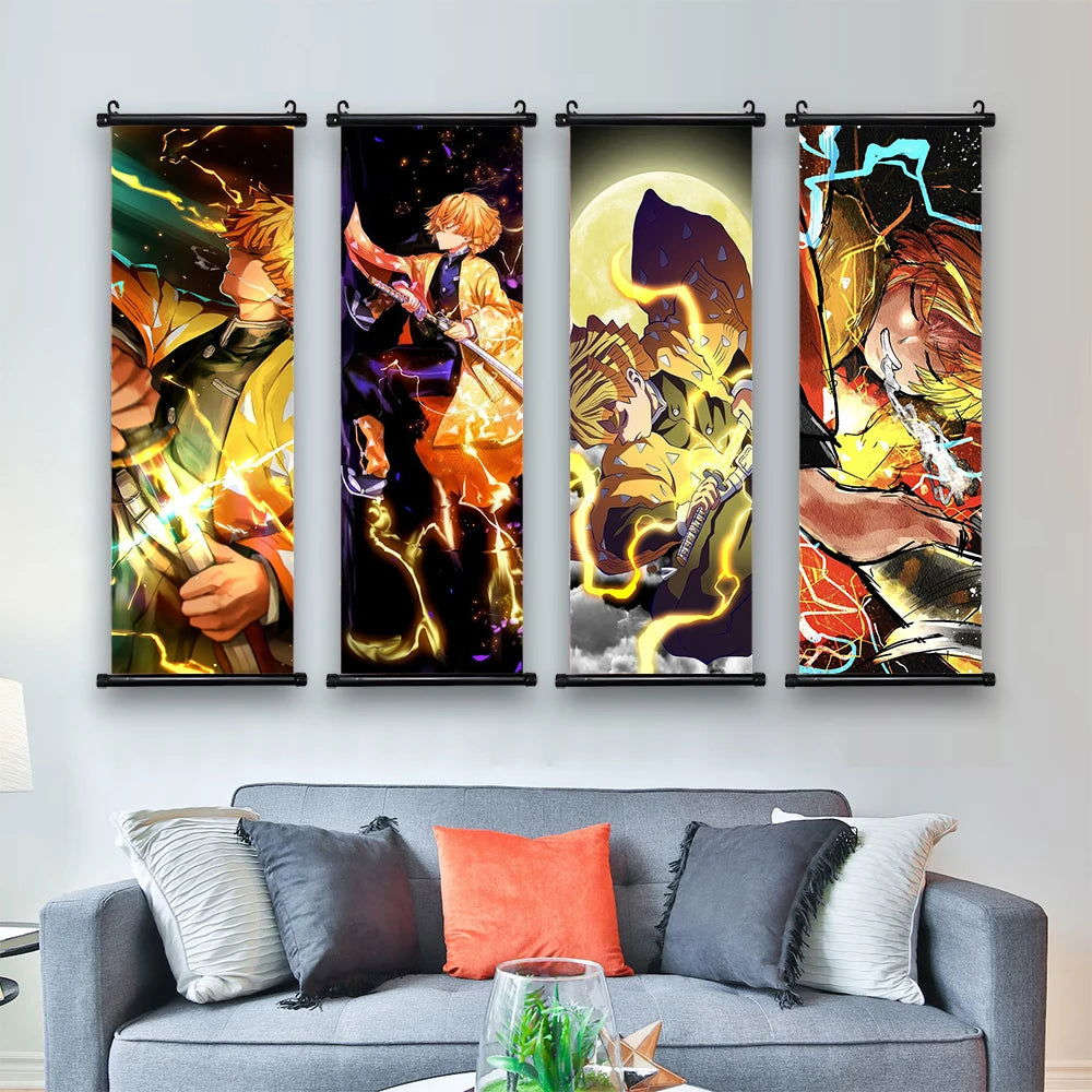 Demon Slayer Scroll Wall Art, Hashira Nezuko Agatsuma Zenitsu Inosuke Scroll Canvas Wall Hanging Painting Home Decor Anime Poster for Bedrooms