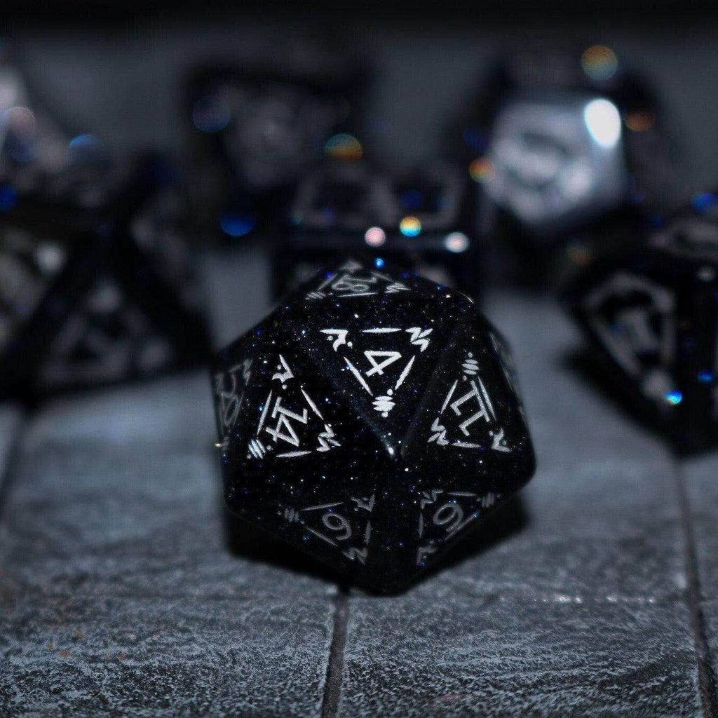 Dragon Shield Blue Sandstone (Silver Font) Gemstone DND Dice Set - Full Set And Free Dice Box