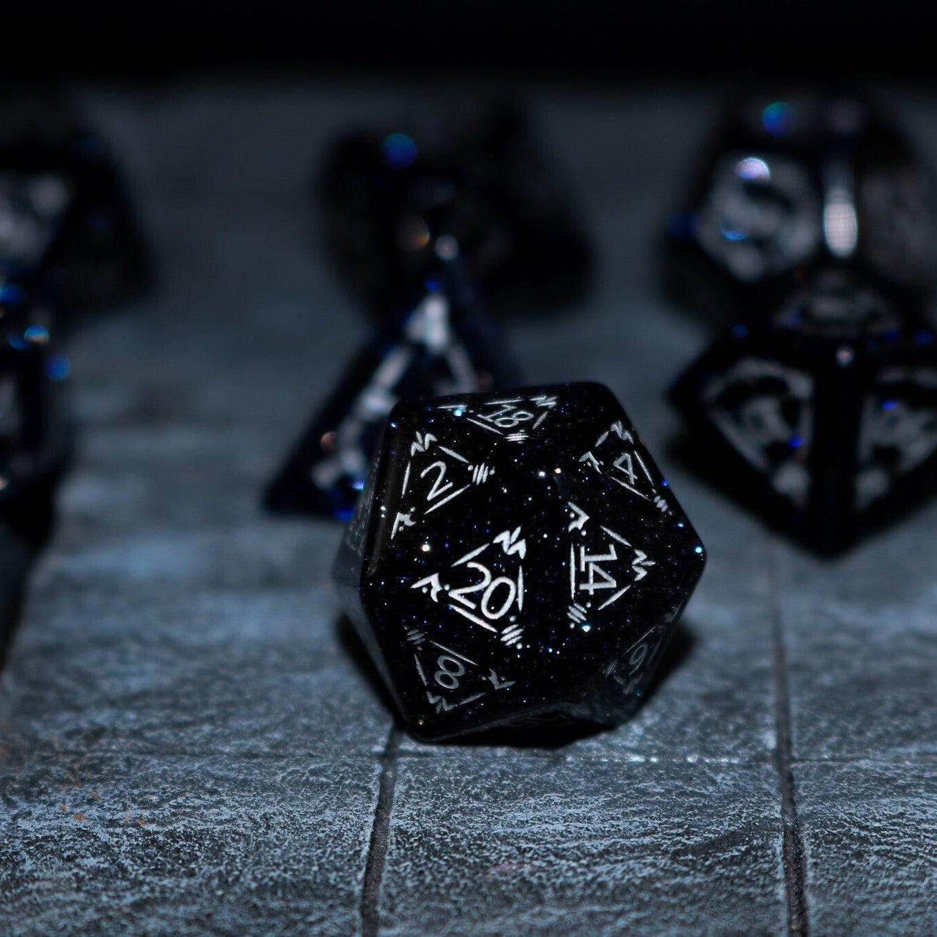 Dragon Shield Blue Sandstone (Silver Font) Gemstone DND Dice Set - Full Set And Free Dice Box