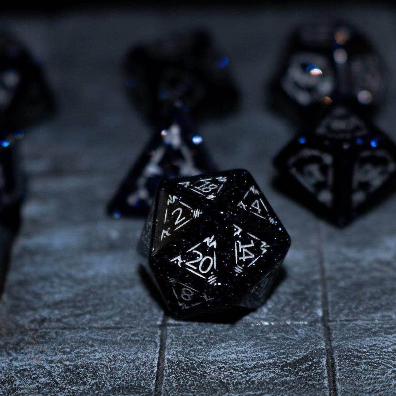 Dragon Shield Blue Sandstone (Silver Font) Gemstone DND Dice Set - Full Set And Free Dice Box