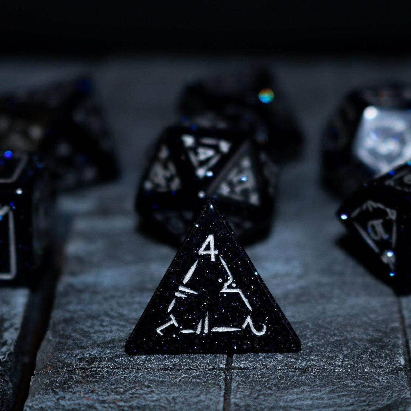 Dragon Shield Blue Sandstone (Silver Font) Gemstone DND Dice Set - Full Set And Free Dice Box