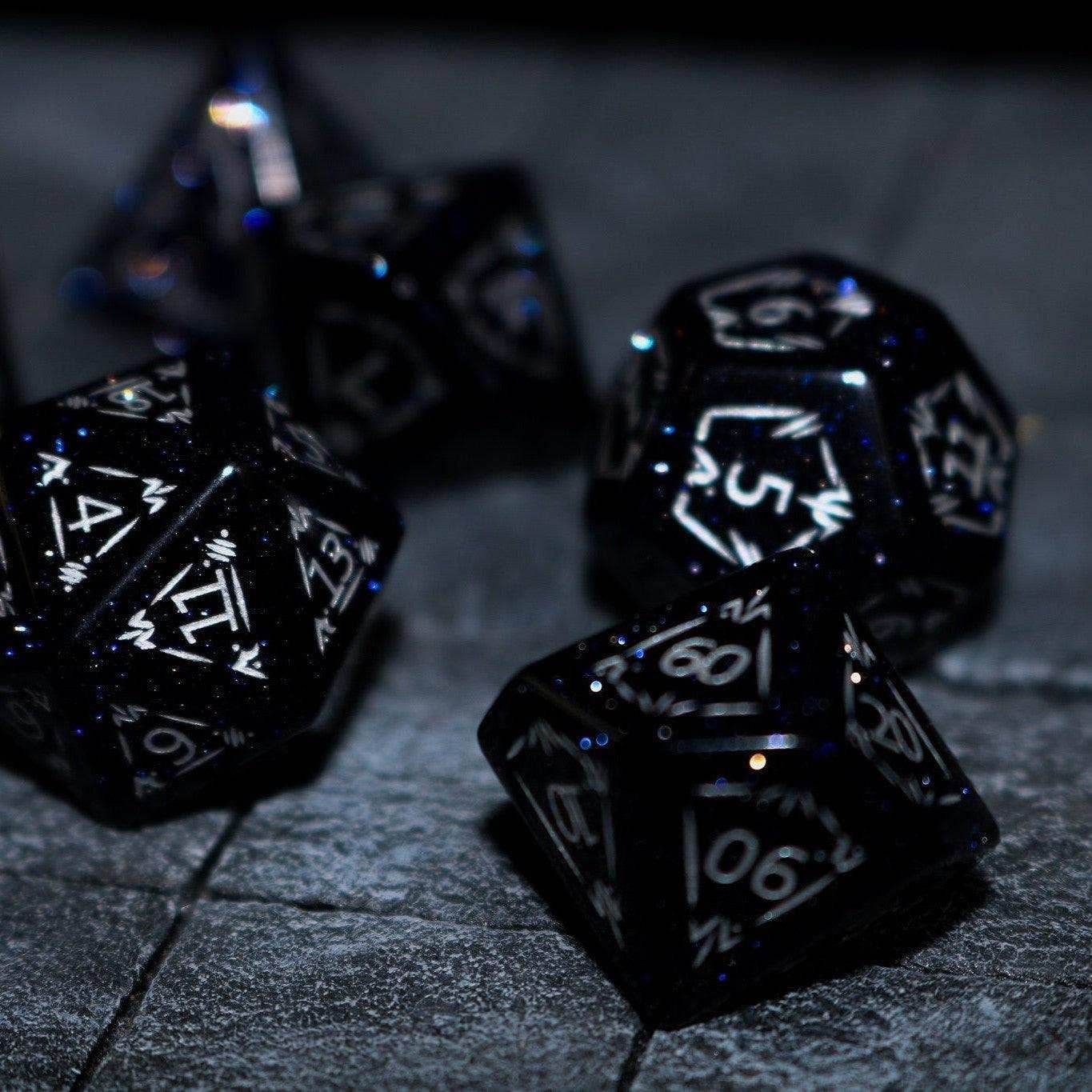 Dragon Shield Blue Sandstone (Silver Font) Gemstone DND Dice Set - Full Set And Free Dice Box