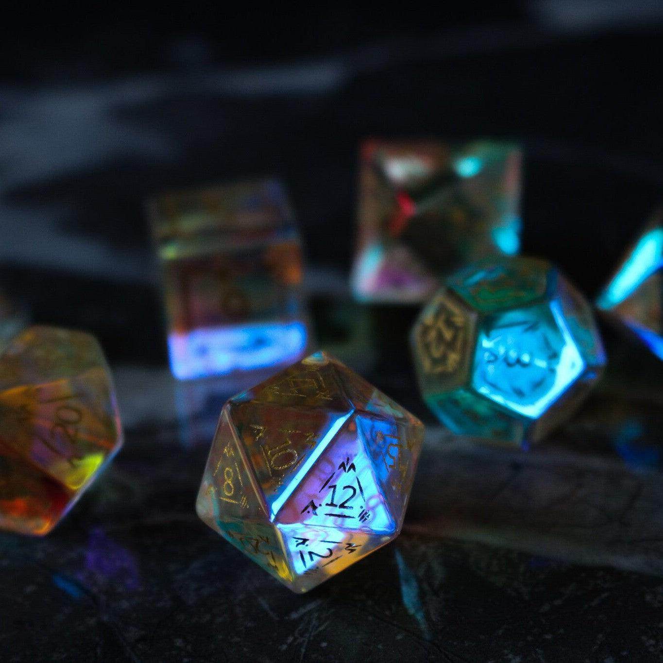 Dragon Shield Gemstone Dichroic Glass DND Dice Set - Full Set And Free Dice Box