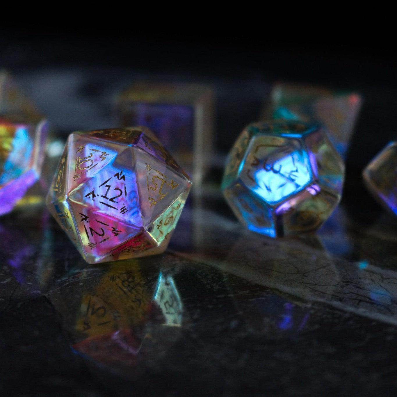 Dragon Shield Gemstone Dichroic Glass DND Dice Set - Full Set And Free Dice Box