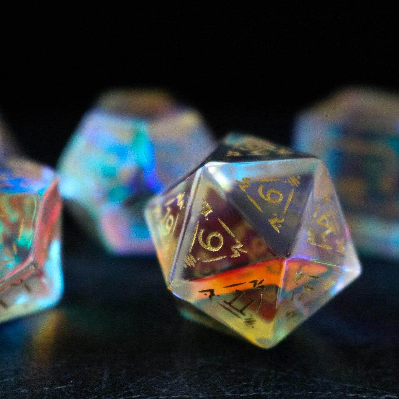 Dragon Shield Gemstone Dichroic Glass DND Dice Set - Full Set And Free Dice Box