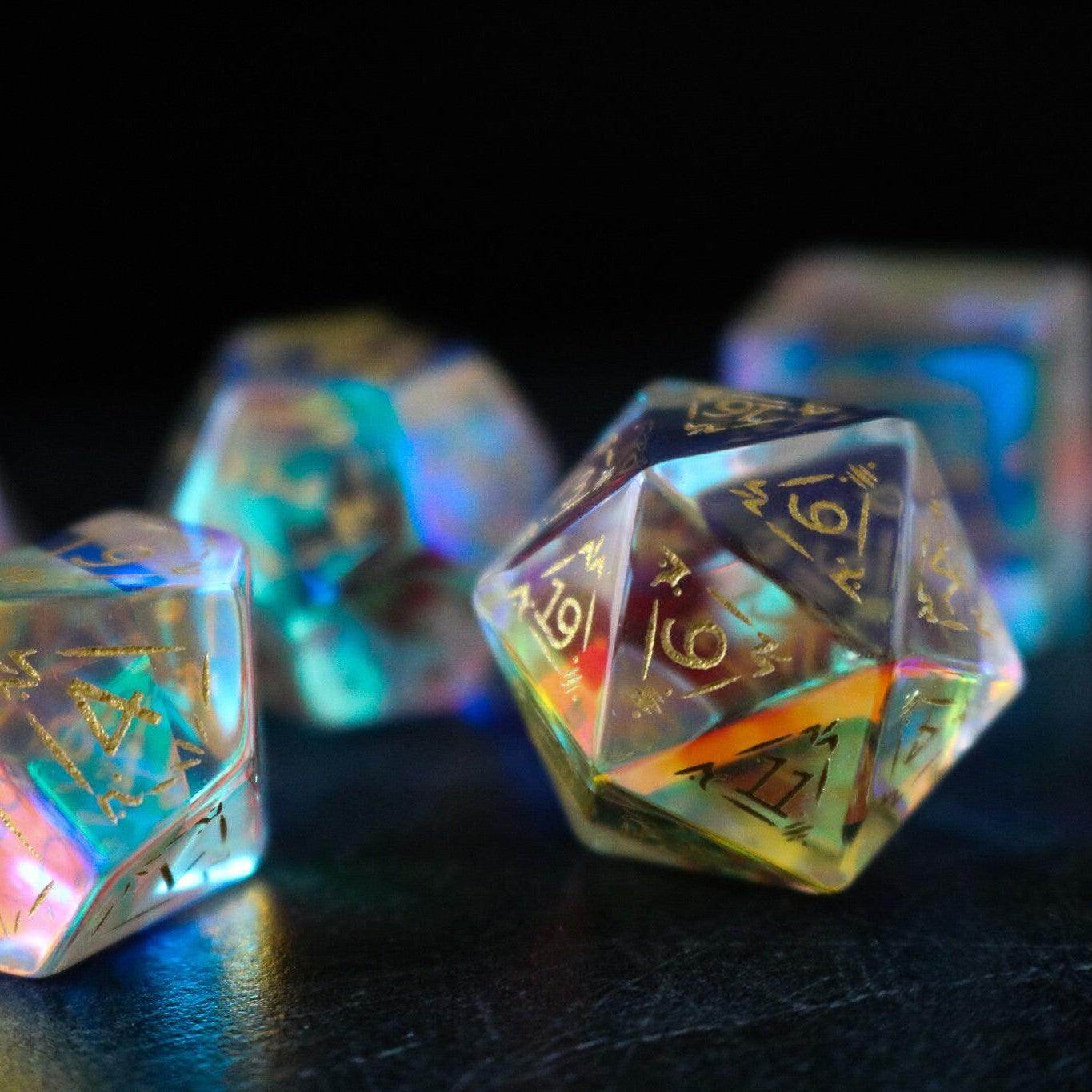 Dragon Shield Gemstone Dichroic Glass DND Dice Set - Full Set And Free Dice Box