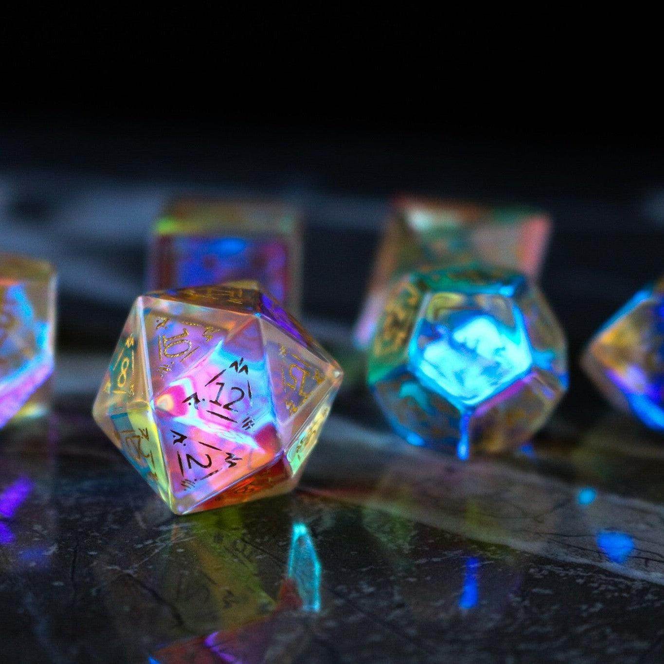 Dragon Shield Gemstone Dichroic Glass DND Dice Set - Full Set And Free Dice Box