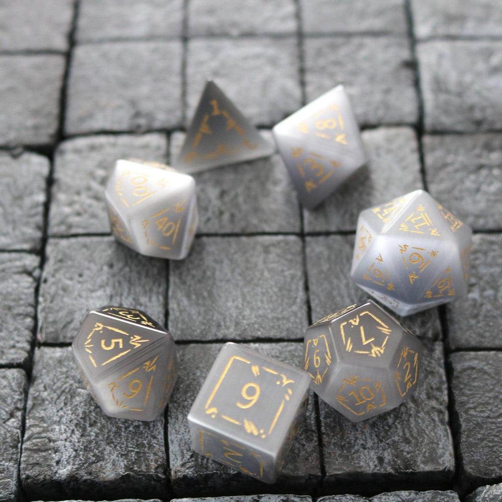 Dragon Shield Gray Cats Eye Gemstone DND Dice Set - Full Set And Box
