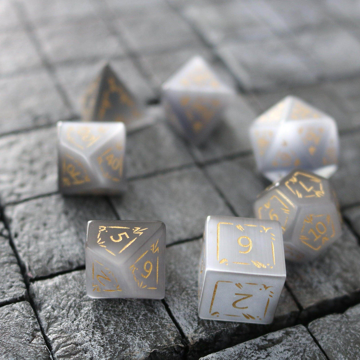 Dragon Shield Gray Cats Eye Gemstone DND Dice Set - Full Set And Box