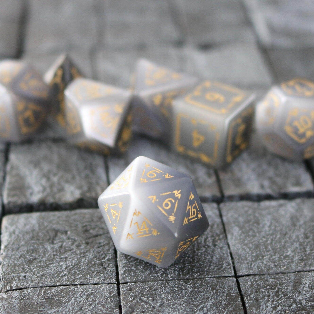 Dragon Shield Gray Cats Eye Gemstone DND Dice Set - Full Set And Box