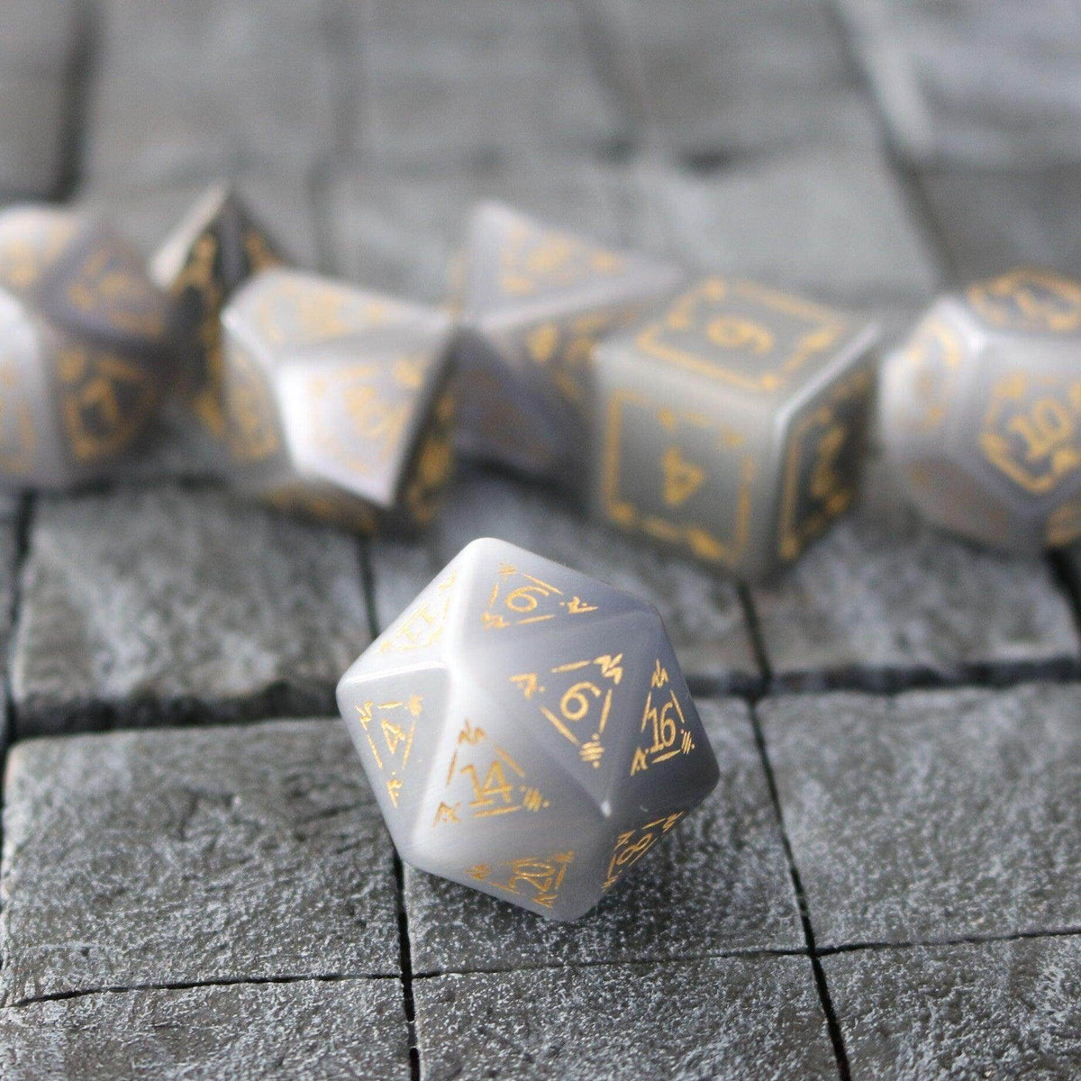 Dragon Shield Gray Cats Eye Gemstone DND Dice Set - Full Set And Box