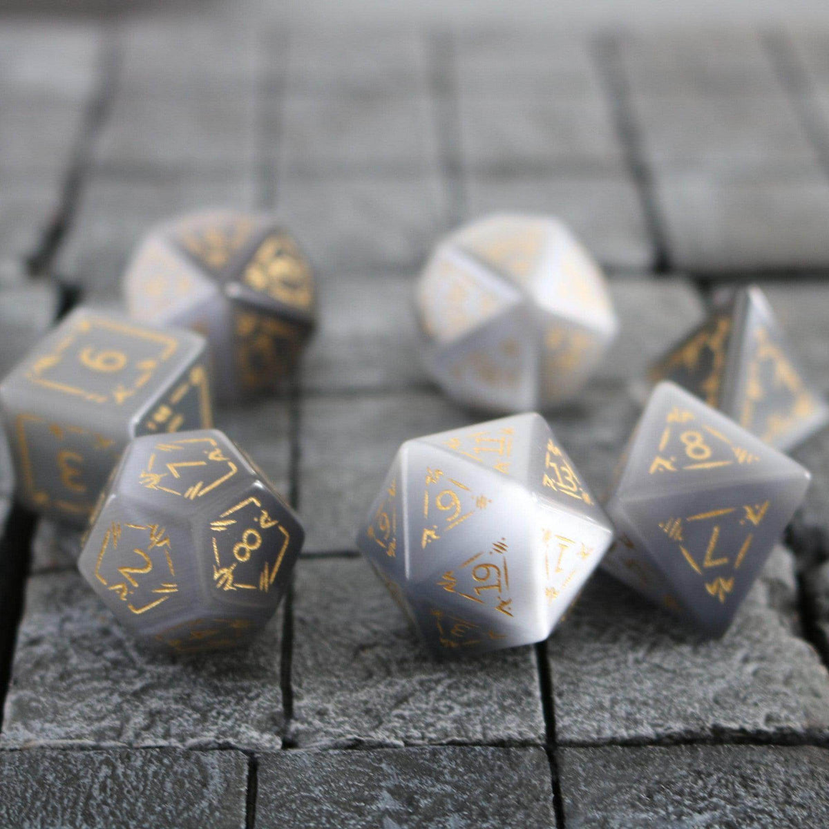 Dragon Shield Gray Cats Eye Gemstone DND Dice Set - Full Set And Box