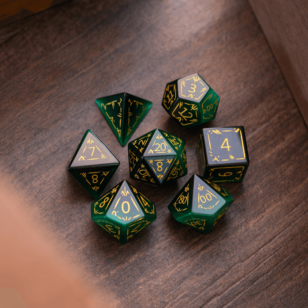 Dragon Shield Green Cats Eye Stone Gemstone DND Dice Set - Full Set And Free Dice Box