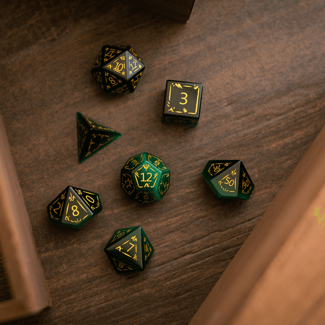Dragon Shield Green Cats Eye Stone Gemstone DND Dice Set - Full Set And Free Dice Box