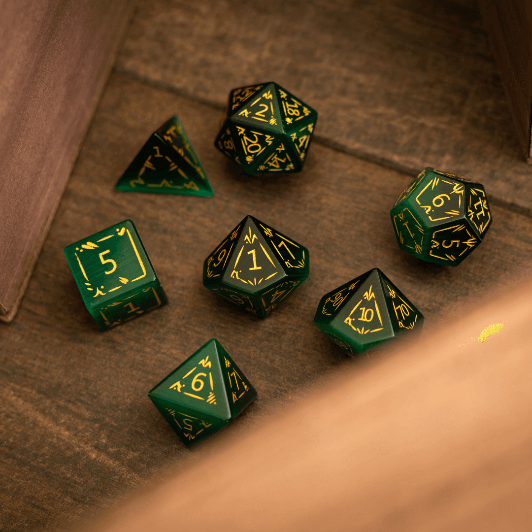 Dragon Shield Green Cats Eye Stone Gemstone DND Dice Set - Full Set And Free Dice Box