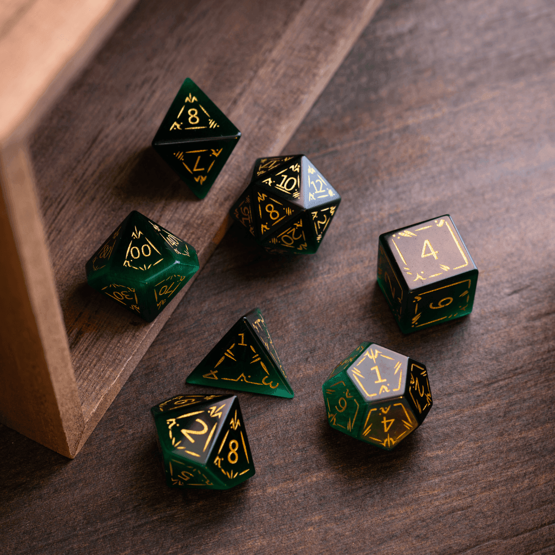 Dragon Shield Green Cats Eye Stone Gemstone DND Dice Set - Full Set And Free Dice Box
