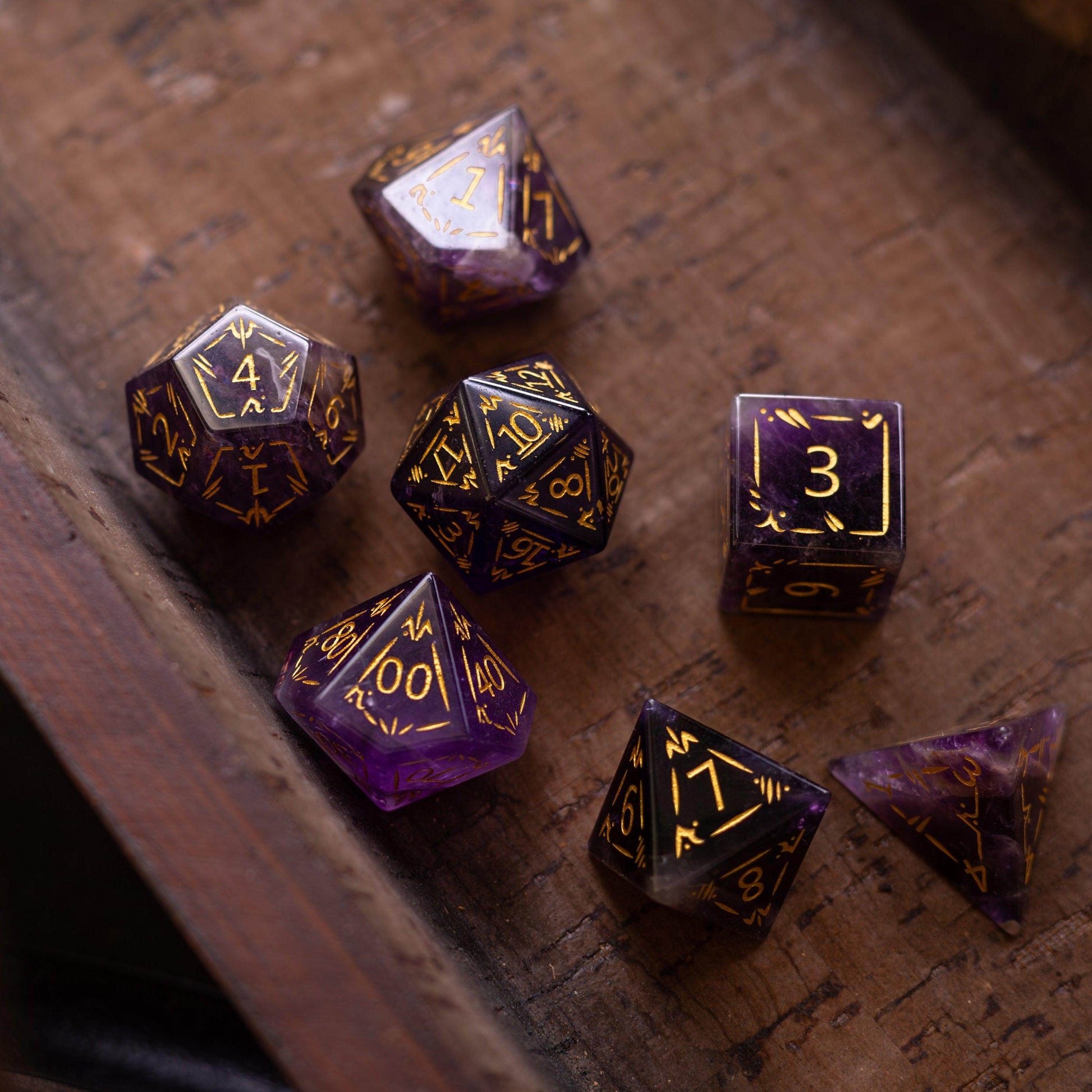 Dragon Shield Purple Amethyst Gemstone DND Dice Set - Full Set And Free Dice Box