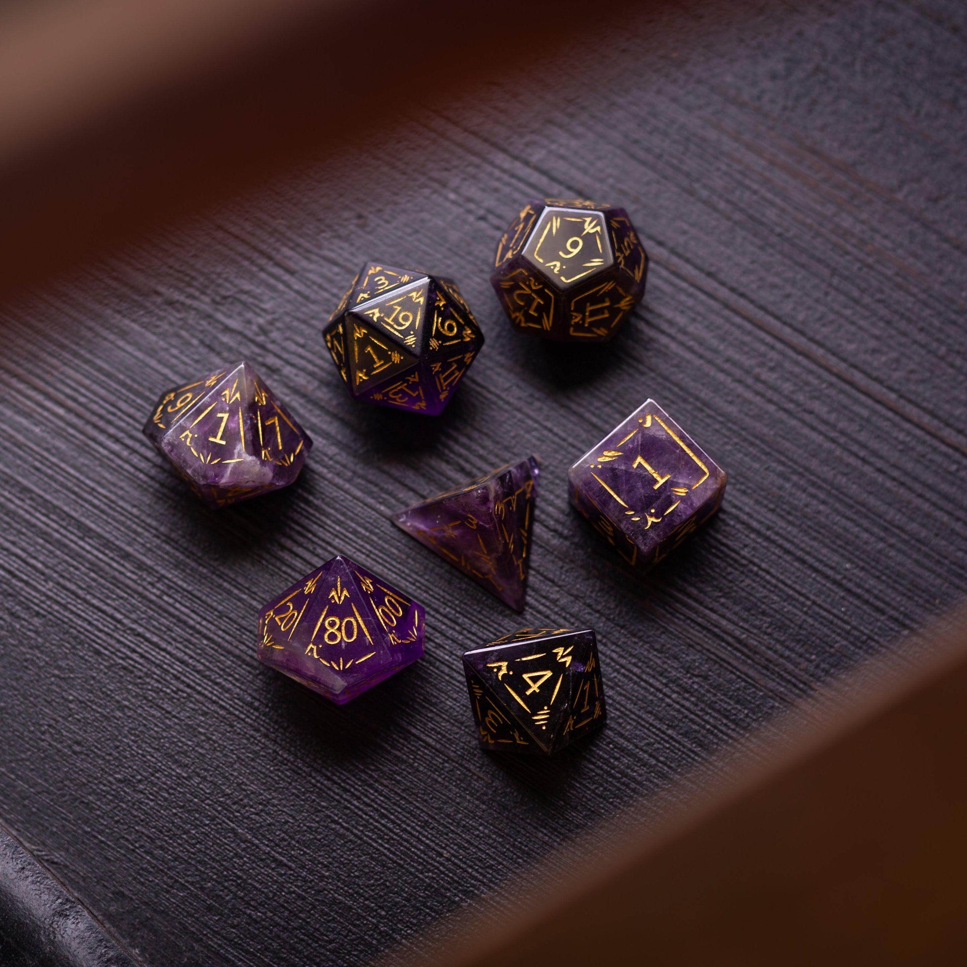 Dragon Shield Purple Amethyst Gemstone DND Dice Set - Full Set And Free Dice Box
