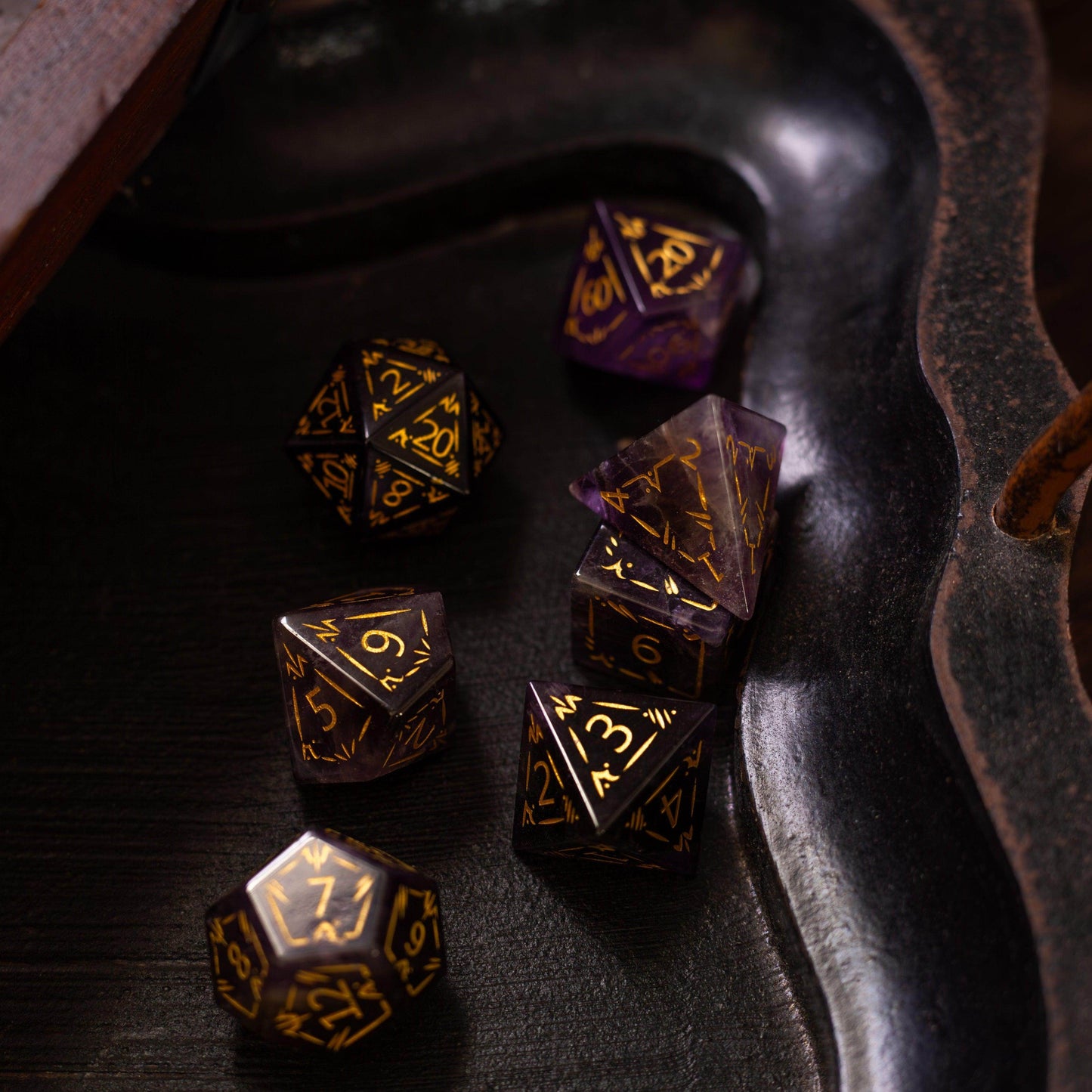 Dragon Shield Purple Amethyst Gemstone DND Dice Set - Full Set And Free Dice Box