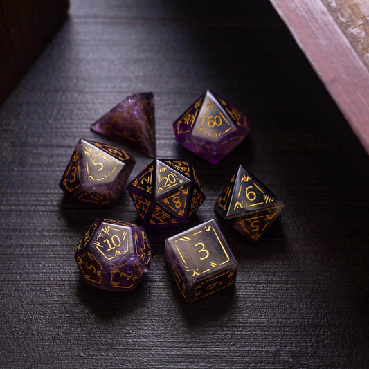 Dragon Shield Purple Amethyst Gemstone DND Dice Set - Full Set And Free Dice Box