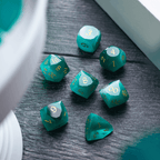 Dwarf Cut Aquamarine Cat’s Eye Gemstone Premium DND Dice Set - Full Set And Free Dice Box
