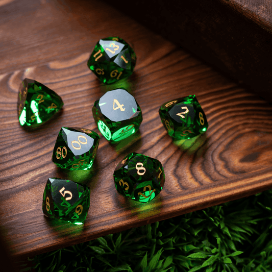 Dwarf Cut Green Gemstone Glass Premium DND Dice Set - Full Set And Free Dice Box