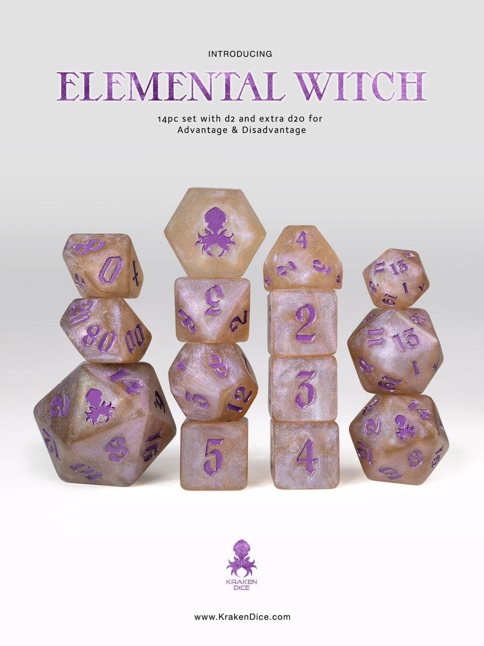 Kraken Dice 14pc Shimmer Dice Set - Elemental Witch: Purple Shimmer with Purple Ink