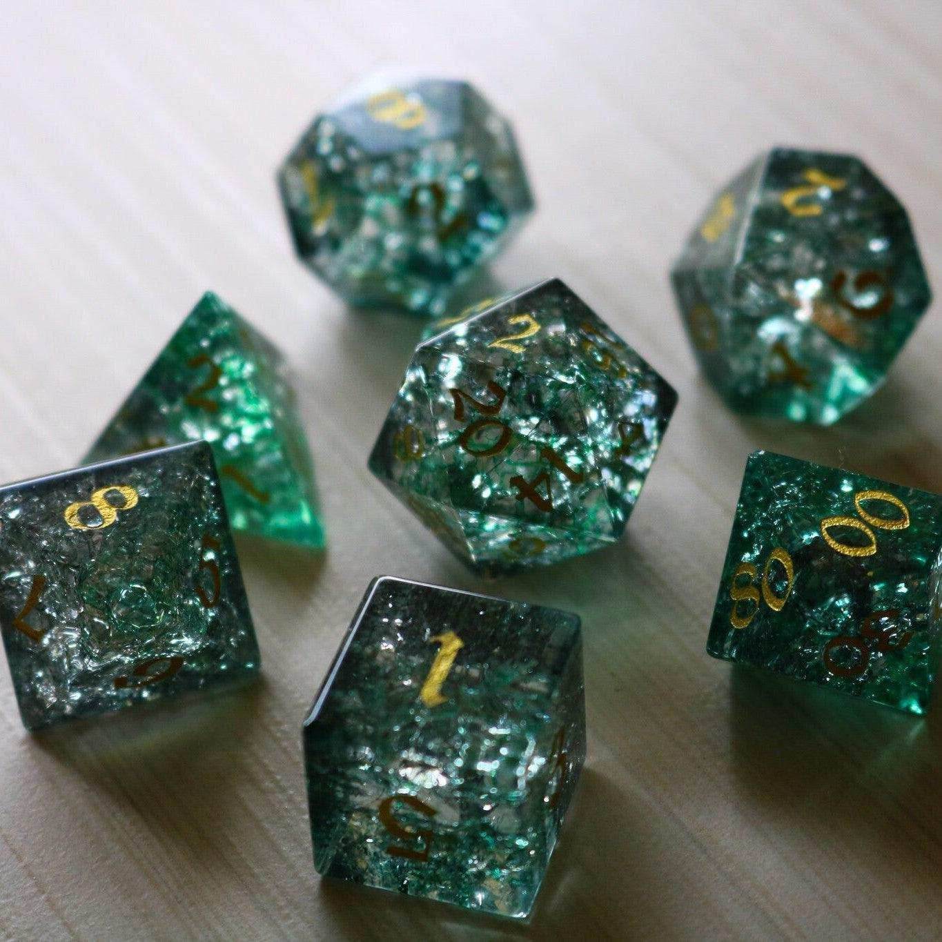 Elven Wood Green Forge Fire Glass DND Dice Set - Full Set And Free Dice Box