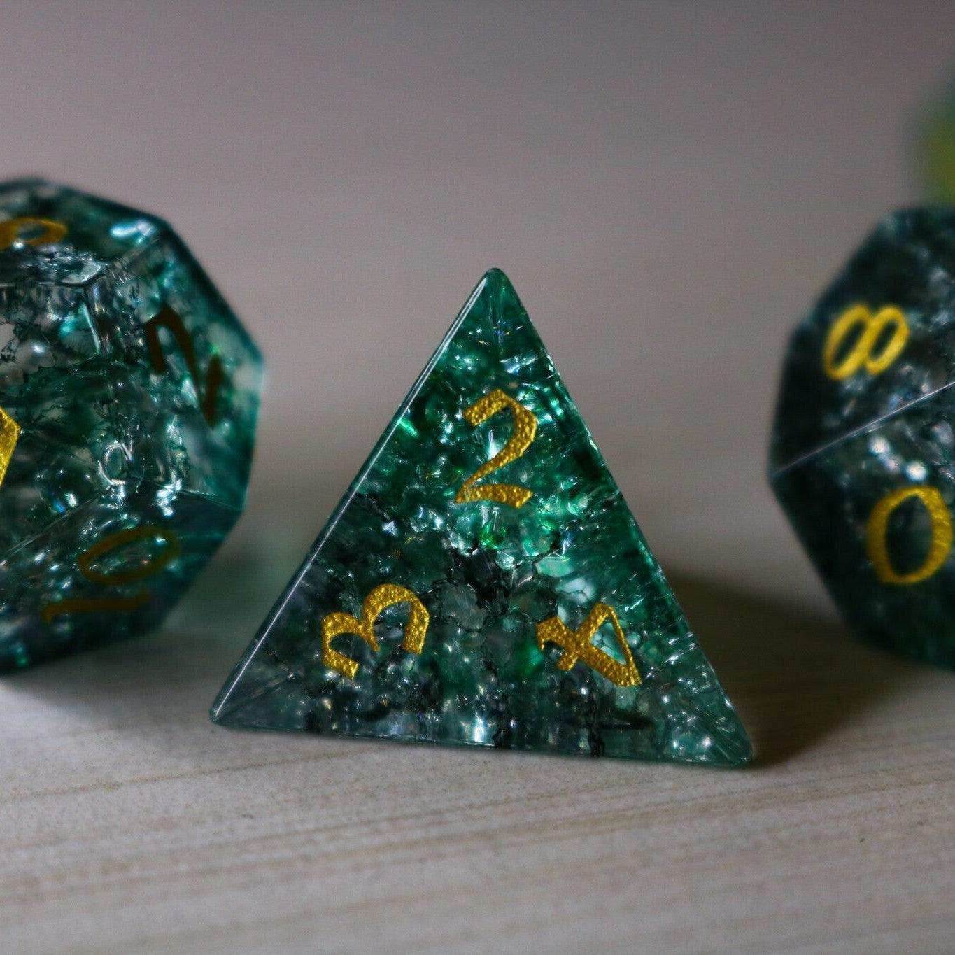 Elven Wood Green Forge Fire Glass DND Dice Set - Full Set And Free Dice Box