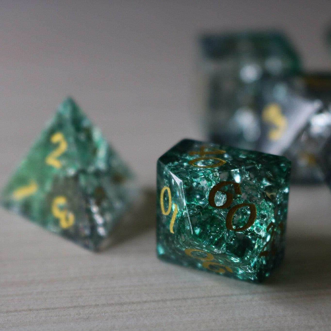 Elven Wood Green Forge Fire Glass DND Dice Set - Full Set And Free Dice Box