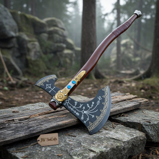 Hand-Forged Viking Double-Bit Fantasy Display Axe with Engraved Head