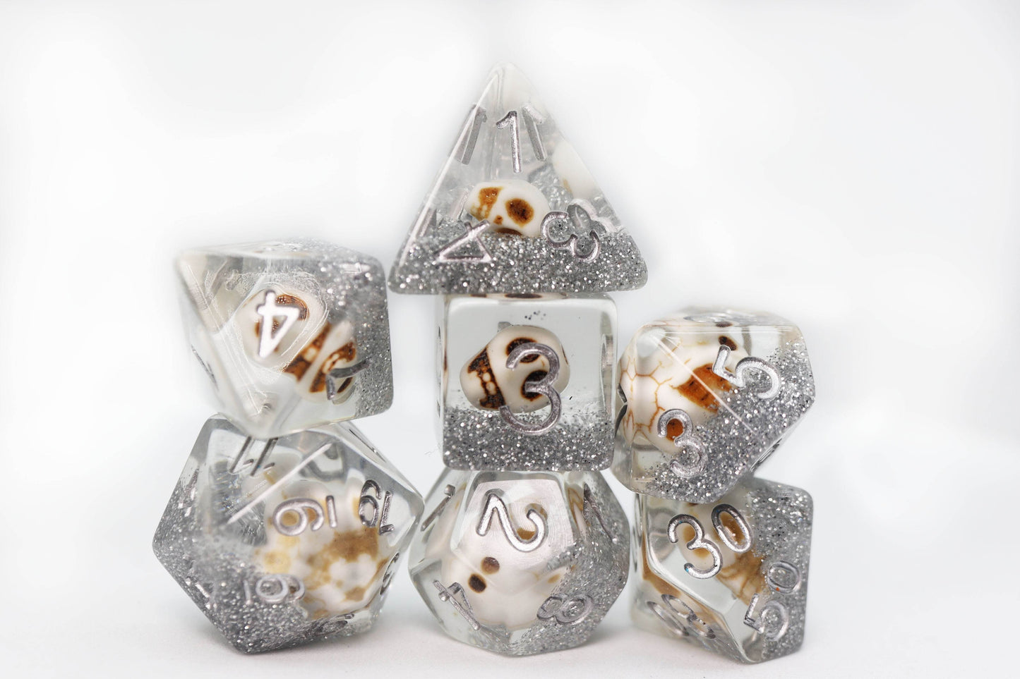 Skull and Silver Glitter RPG Dice Set - 