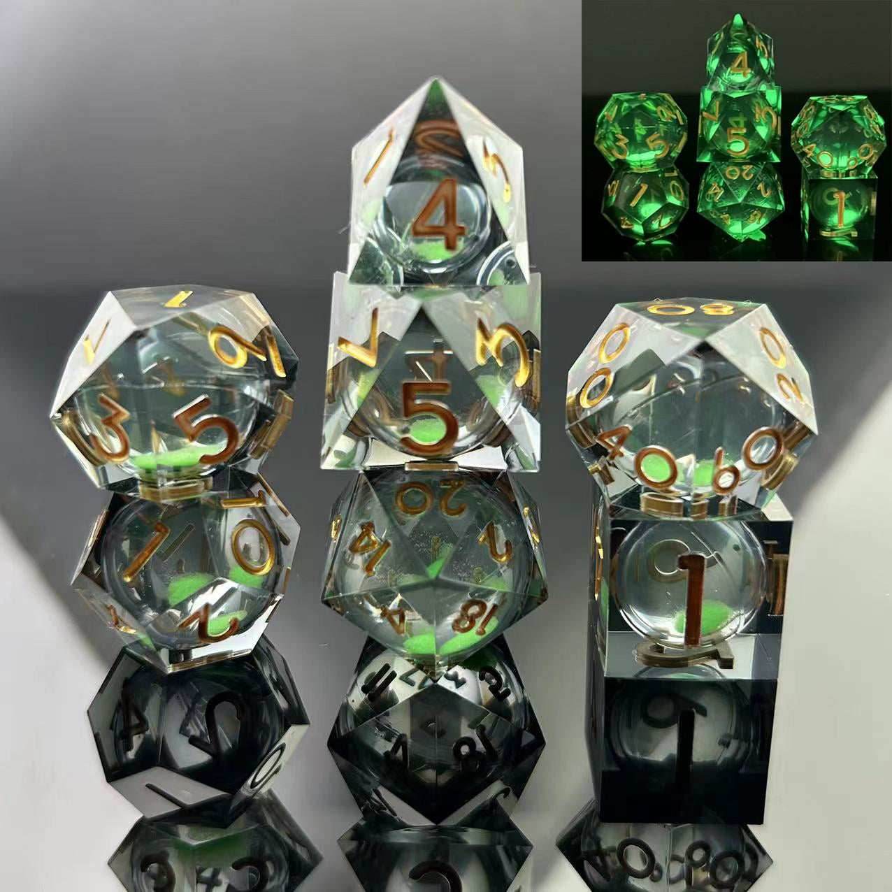 Sharp-Edged Glow in the Dark Liquid Core Dice - Green Mist