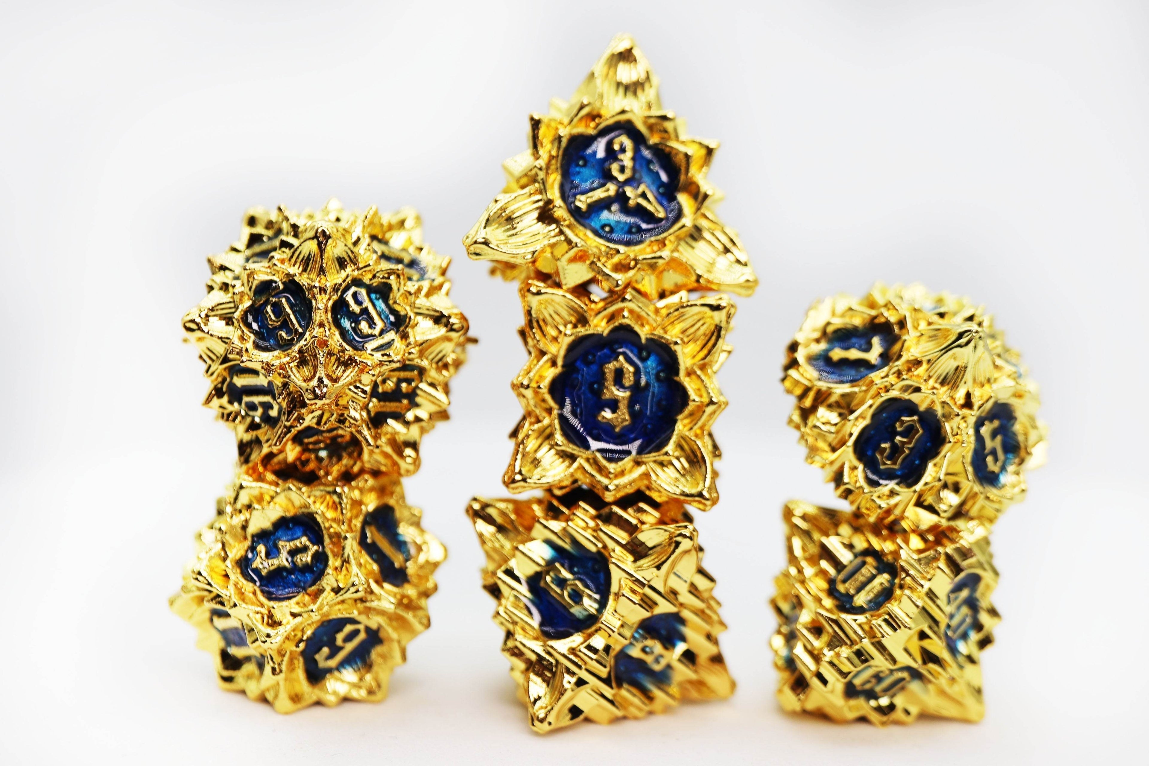 Floral Starburst: Golden Sweet Pea - Metal RPG Dice Set - 