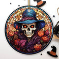 Elegant Skull with Blue Hat Stained Glass Style Ceramic Ornament, Halloween Themed Christmas Gift and Decor - Circle