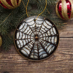 Golden Arachnid Haunt Intricate Spider Web Stained Glass Style Ceramic Ornament, Halloween Themed Christmas Gift and Decor - Circle