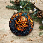 Pumpkin Skull with Glowing Red Eyes Stained Glass Style Ceramic Ornament, Halloween Themed Christmas Gift and Decor - Circle