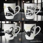 Elegant Goth Set of 4 Ceramic Mugs with Real Gold Trim, Black and White Spooky Halloween Coffee Cup Kitchen Gift - 
