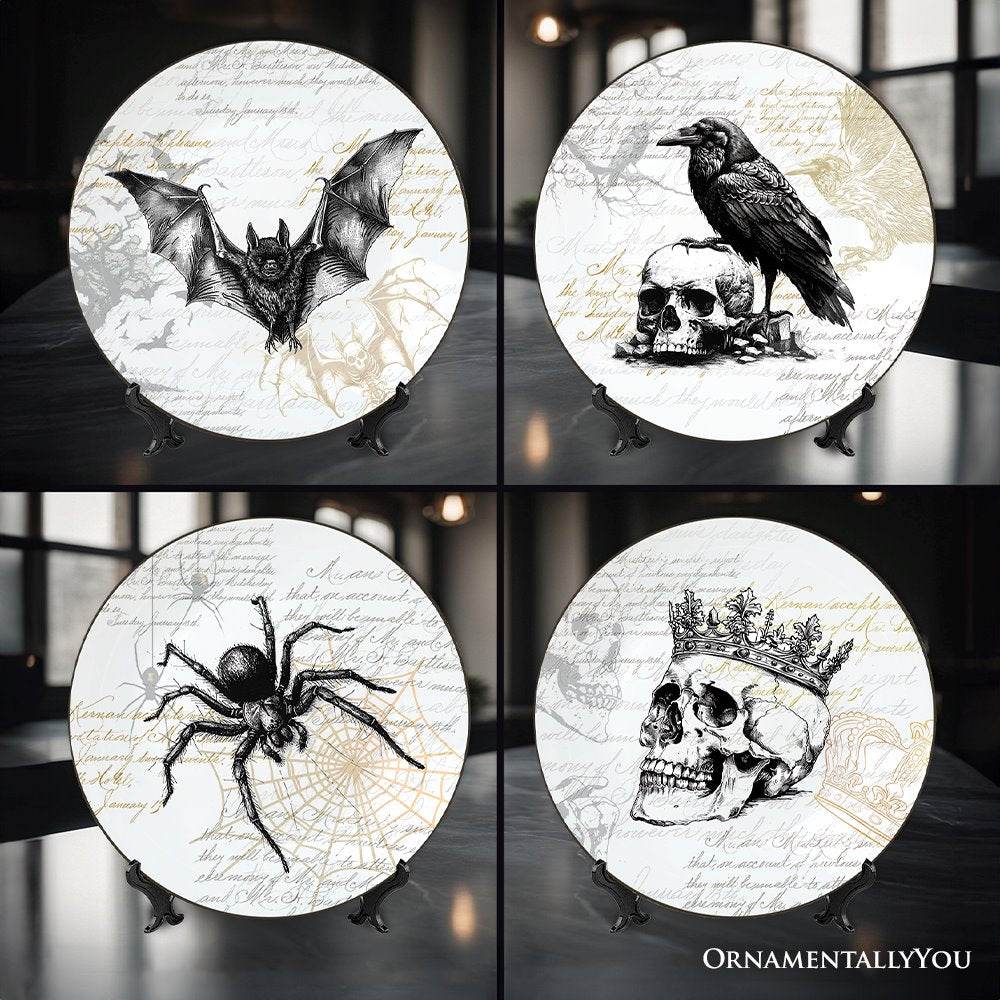 Gothic Elegance Set of 4 Plates with Real Gold Trim, Halloween Tableware Collection for Salad, Dessert, Appetizer, and Side Plates - 