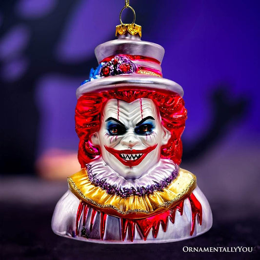 Horror Clown Head Glass Ornament, Gothic Halloween Tree Decor - 