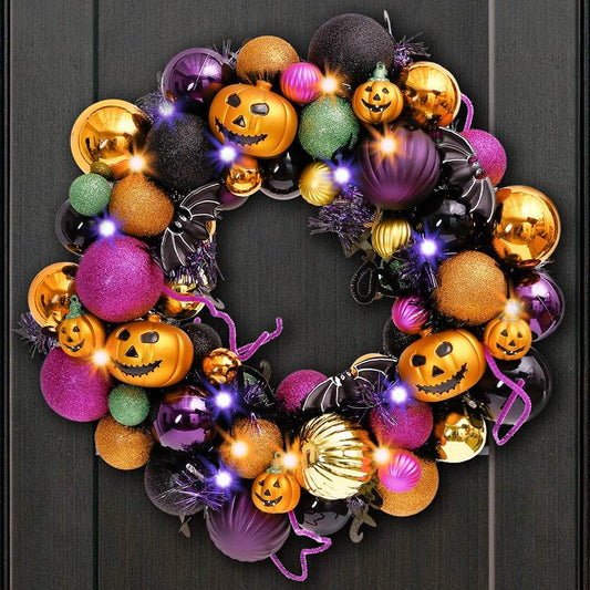 Spooktacular Halloween Ornament Bauble Wreath, Spooky Door or Home Decoration with Pumpkins, Bats, Spiders - 