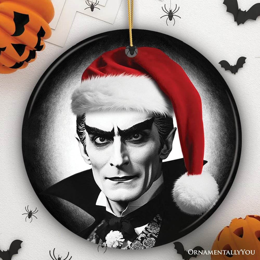 Vintage Dracula with a Santa Hat Ceramic Ornament, Horror Themed Christmas Decor for Halloween Tree - Circle