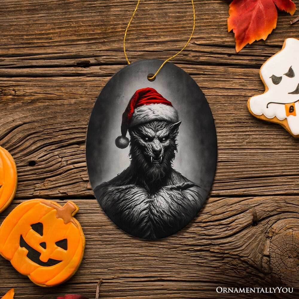 Beastly Werewolf with Santa Hat Ornament, Frightening Holiday Keepsake for Spooky Tree - Oval